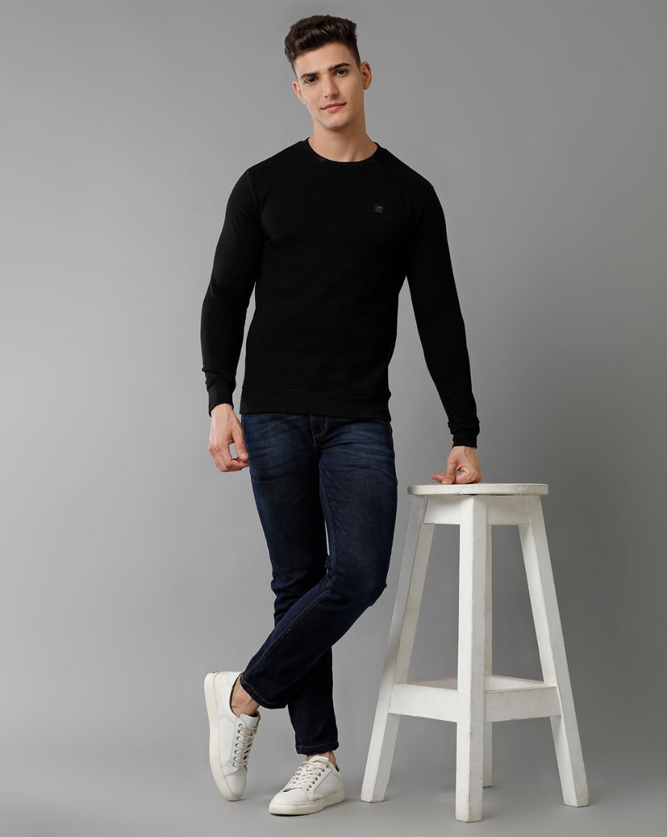 Cavallo By Linen Club Men's Knitted Cotton Linen Black Solid Crew Neck Sweatshirt