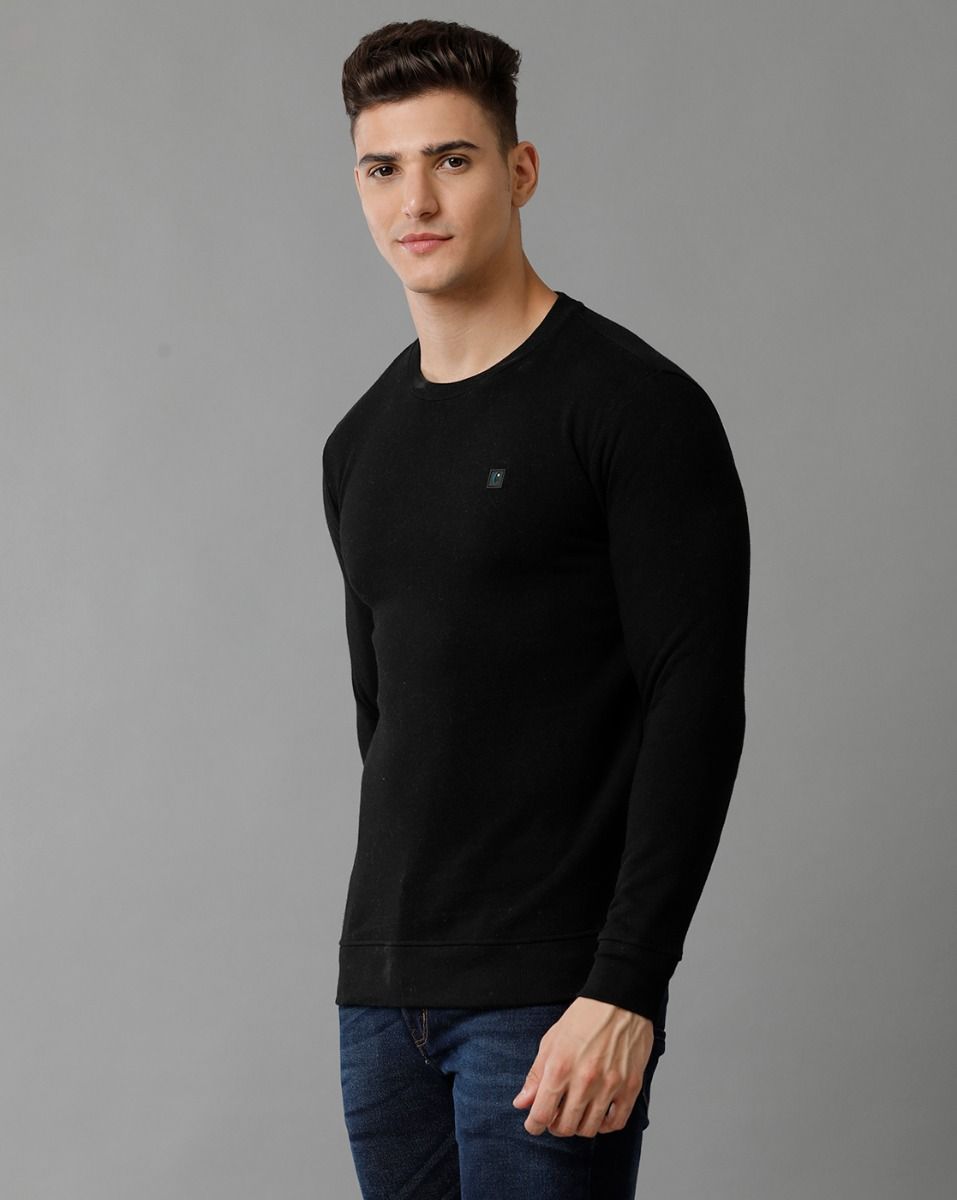 Cavallo By Linen Club Men's Knitted Cotton Linen Black Solid Crew Neck Sweatshirt