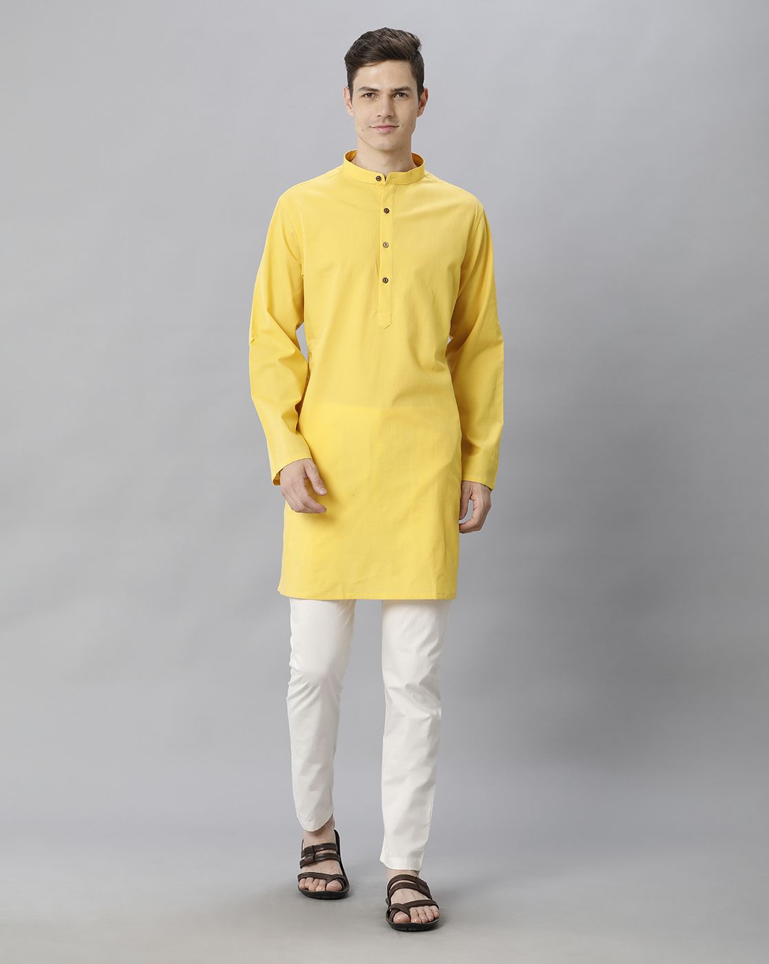 Cavallo By Linen Club Men's Cotton Linen Yellow Solid Regular Fit  Kurta