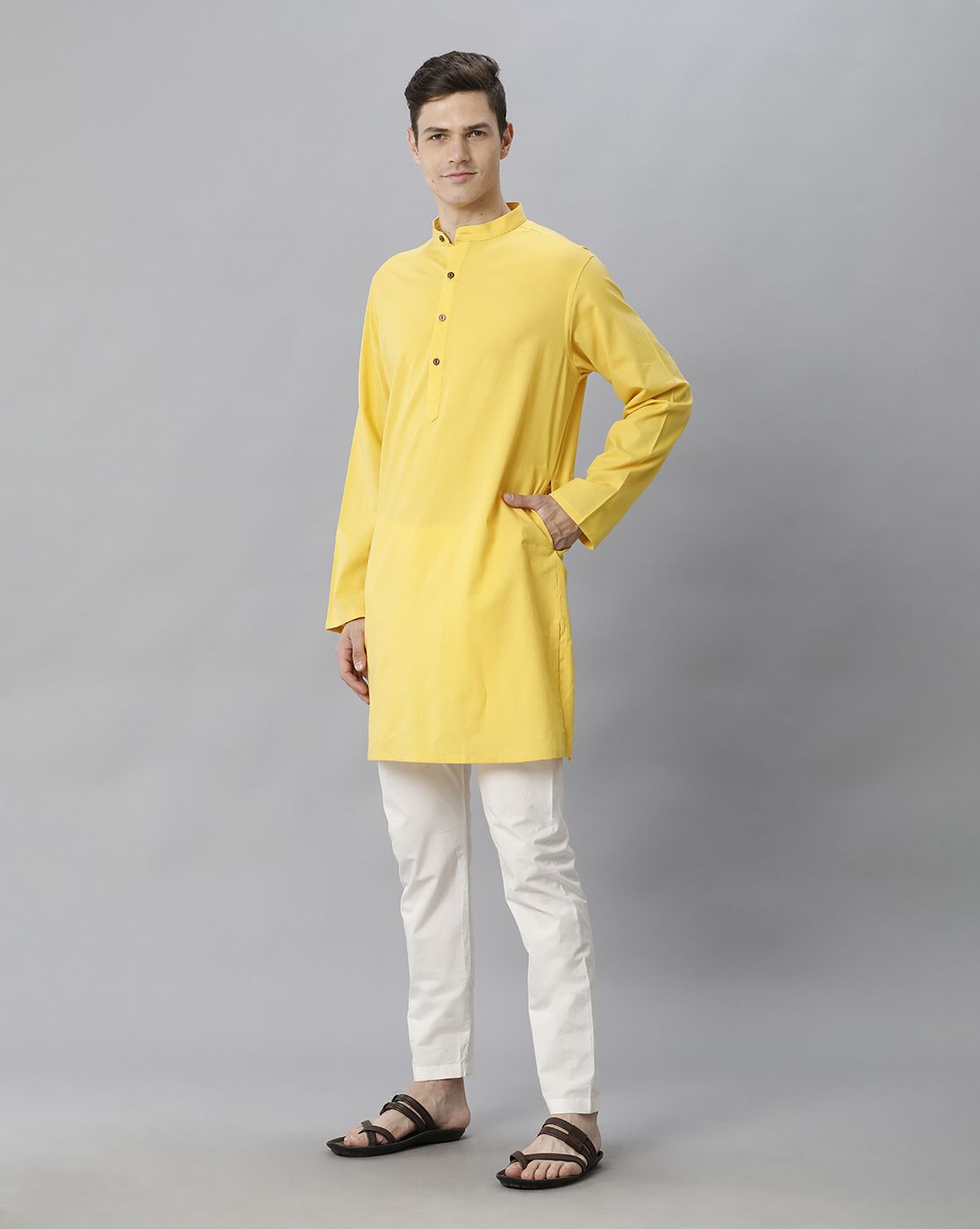 Cavallo By Linen Club Men's Cotton Linen Yellow Solid Regular Fit  Kurta