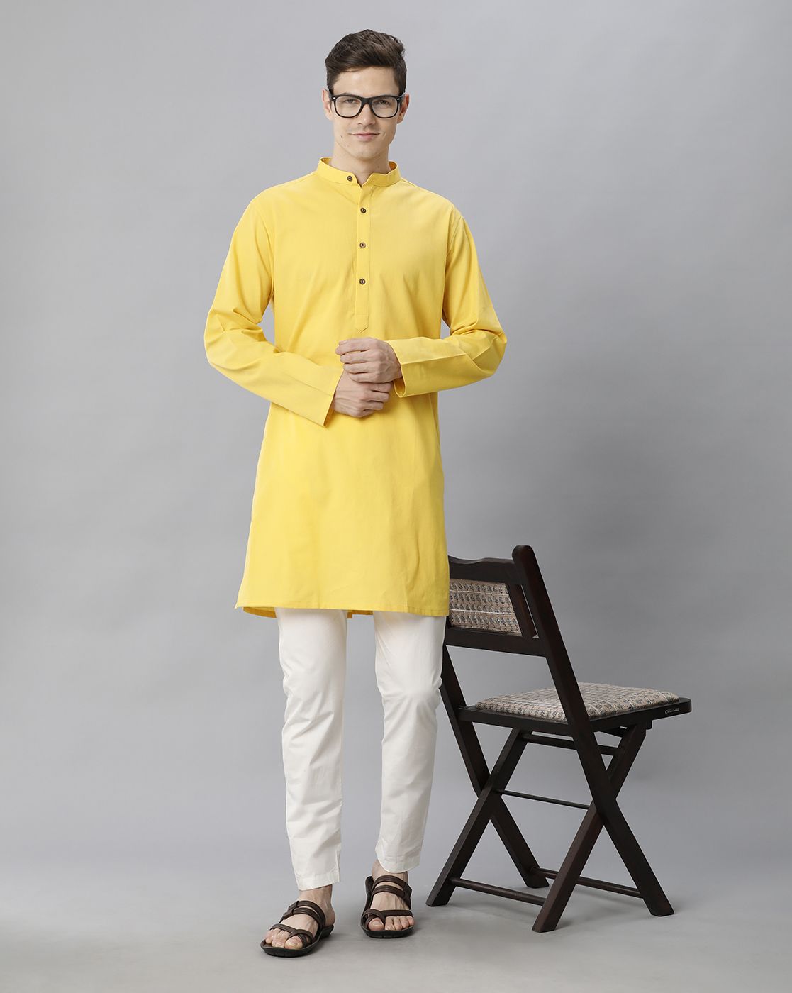 Cavallo By Linen Club Men's Cotton Linen Yellow Solid Regular Fit  Kurta