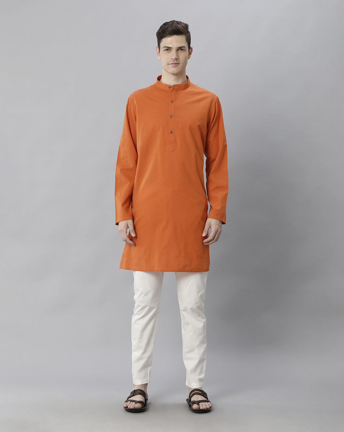 Cavallo By Linen Club Men's Cotton Linen ORANGE Solid Regular Fit  Kurta