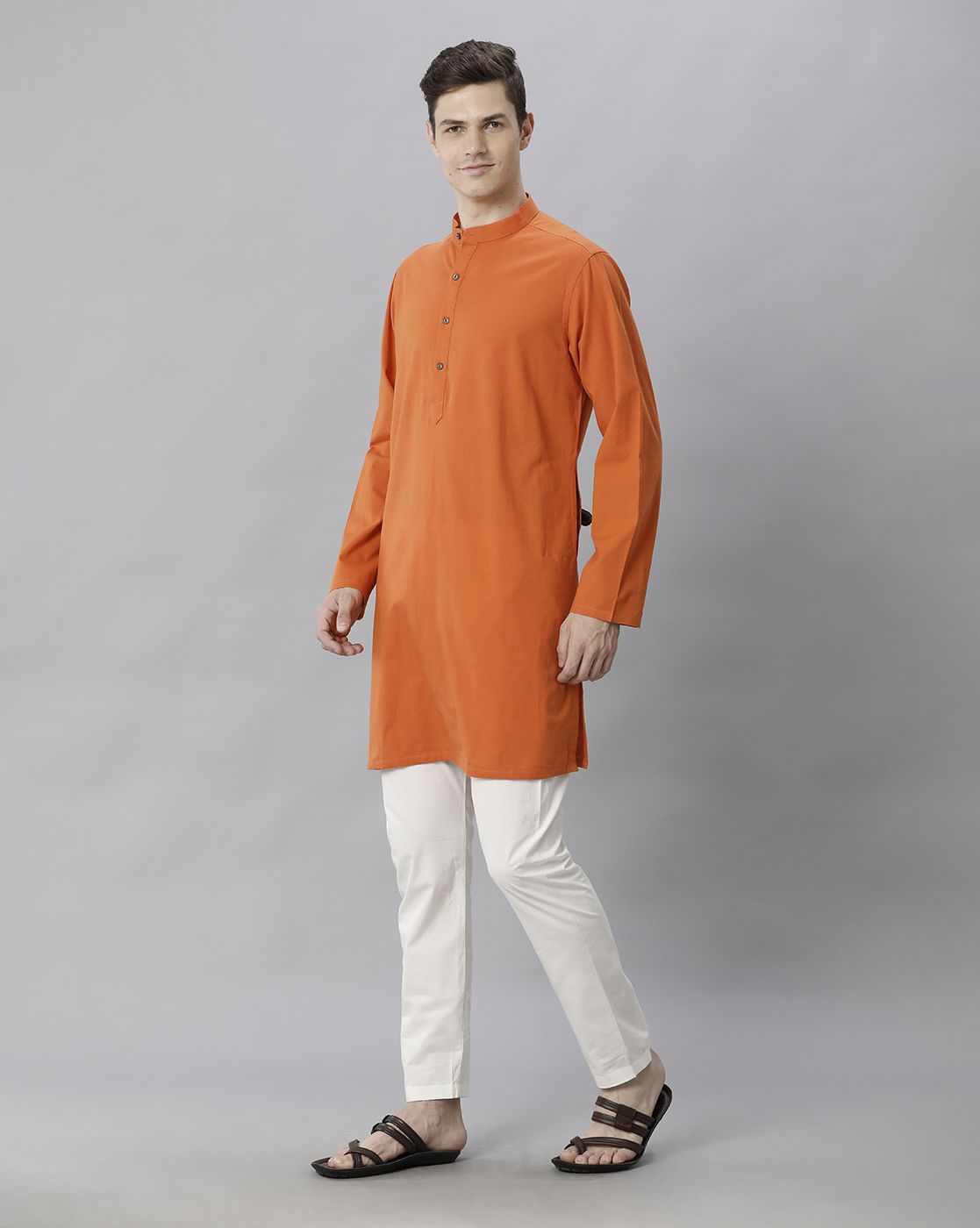 Cavallo By Linen Club Men's Cotton Linen ORANGE Solid Regular Fit  Kurta