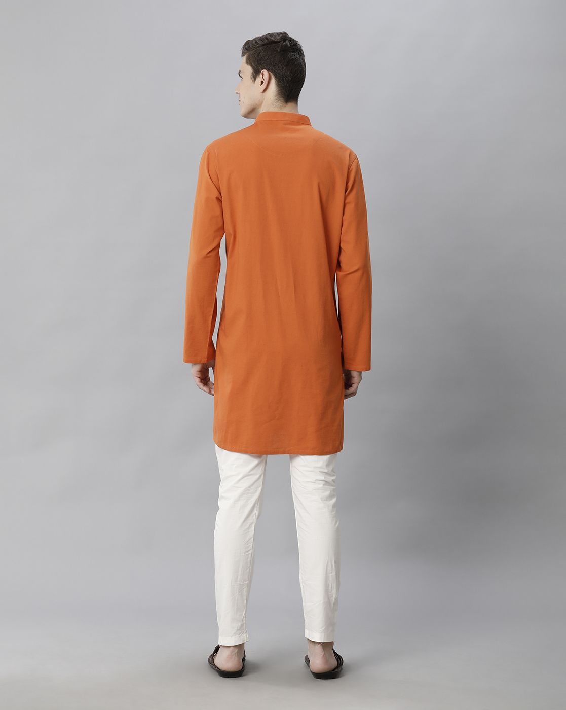 Cavallo By Linen Club Men's Cotton Linen ORANGE Solid Regular Fit  Kurta