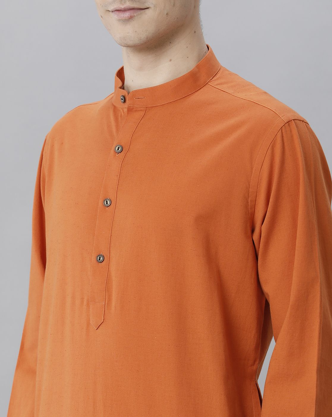 Cavallo By Linen Club Men's Cotton Linen ORANGE Solid Regular Fit  Kurta