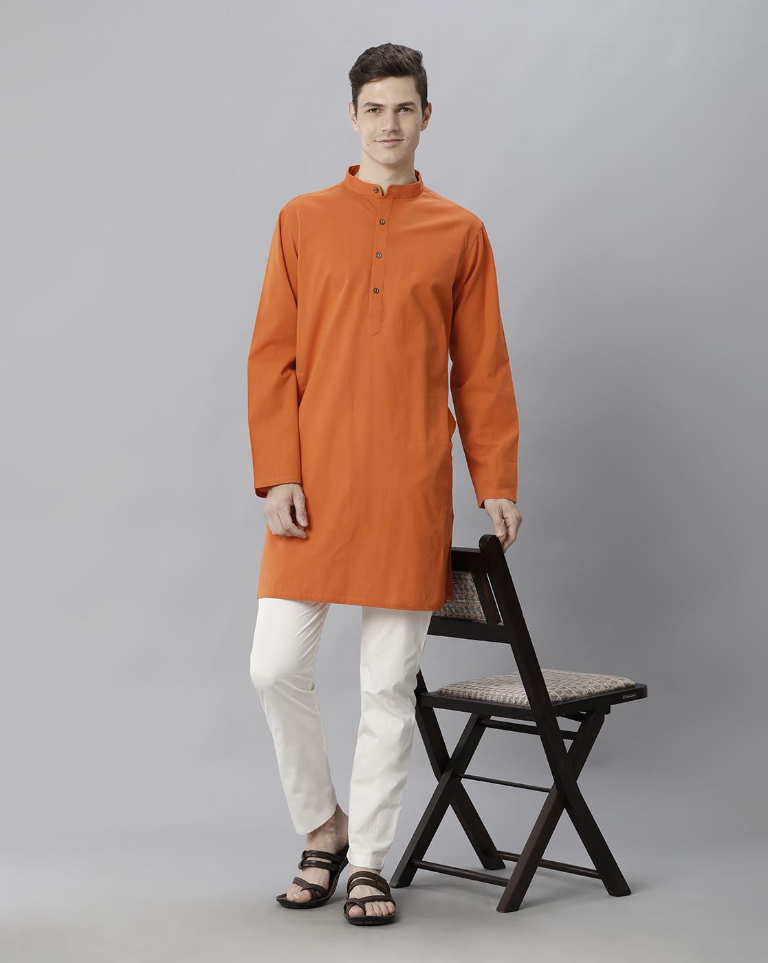 Cavallo By Linen Club Men's Cotton Linen ORANGE Solid Regular Fit  Kurta