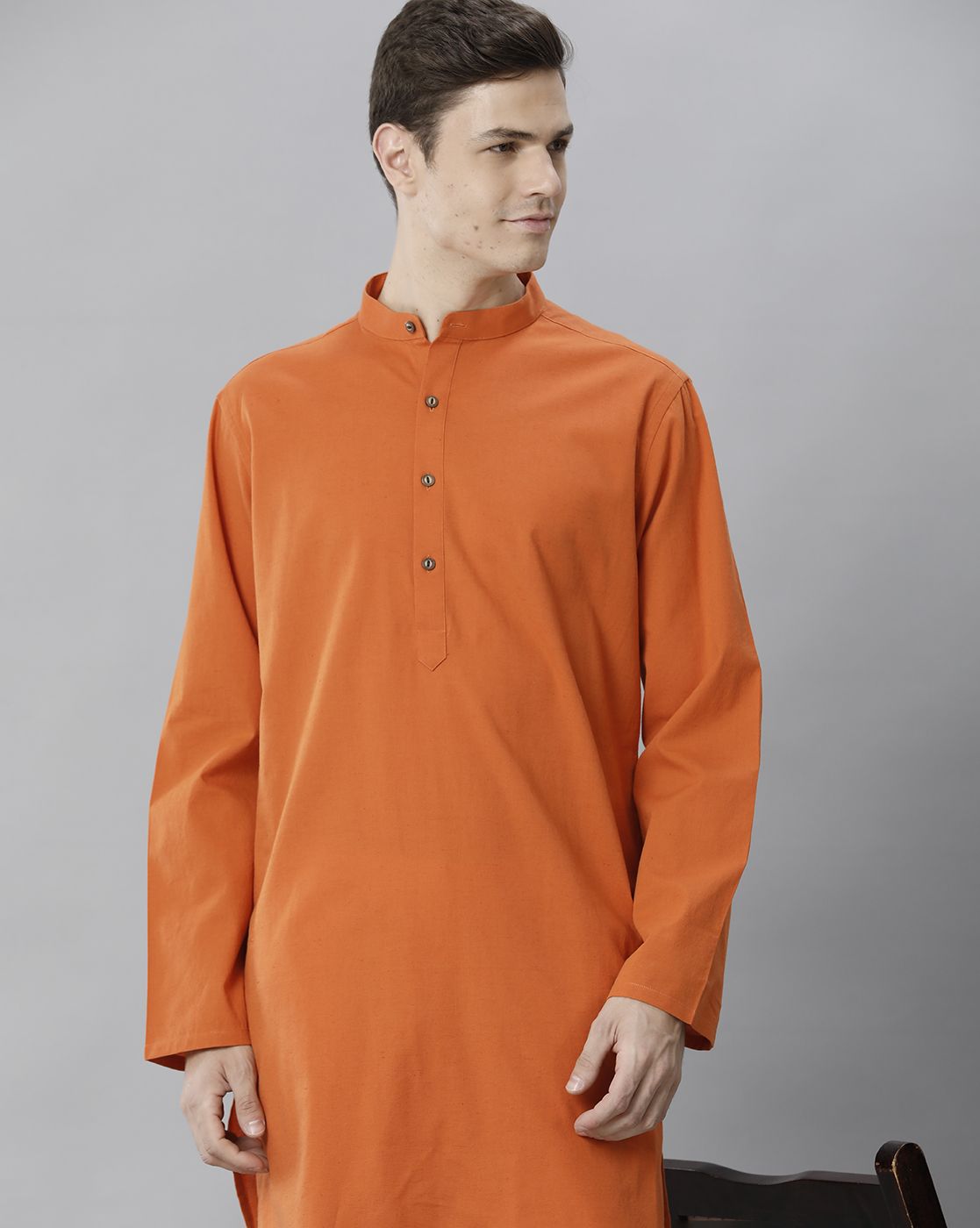 Cavallo By Linen Club Men's Cotton Linen ORANGE Solid Regular Fit  Kurta