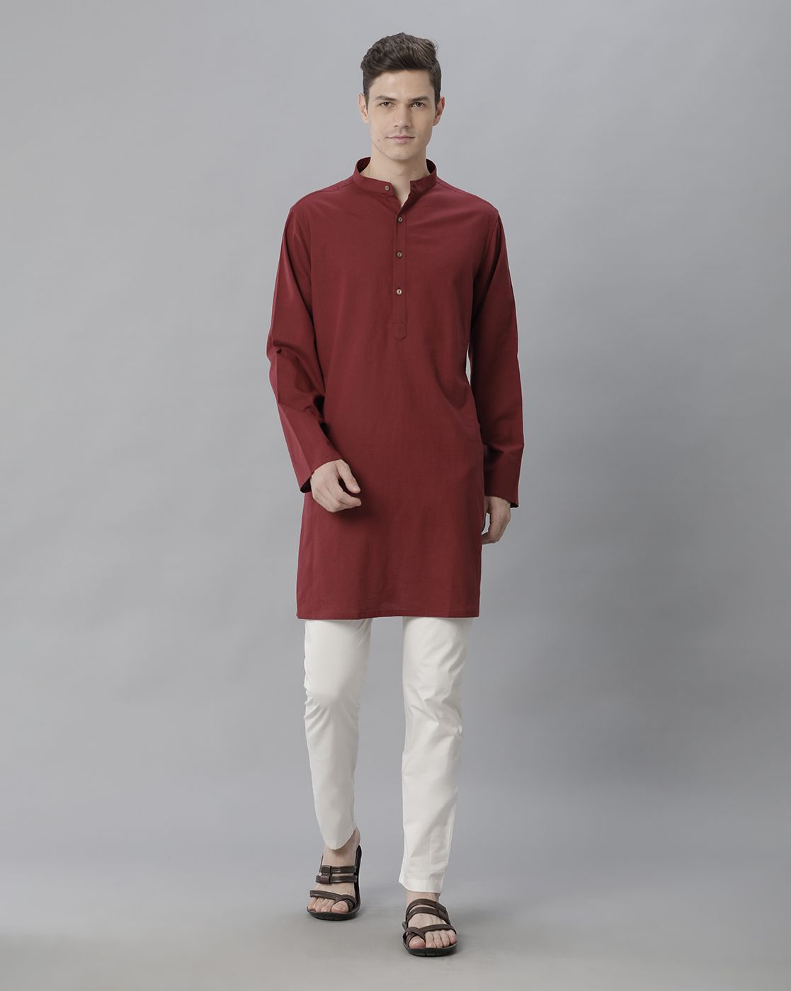 Cavallo By Linen Club Men's Cotton Linen Maroon Solid Regular Fit  Kurta