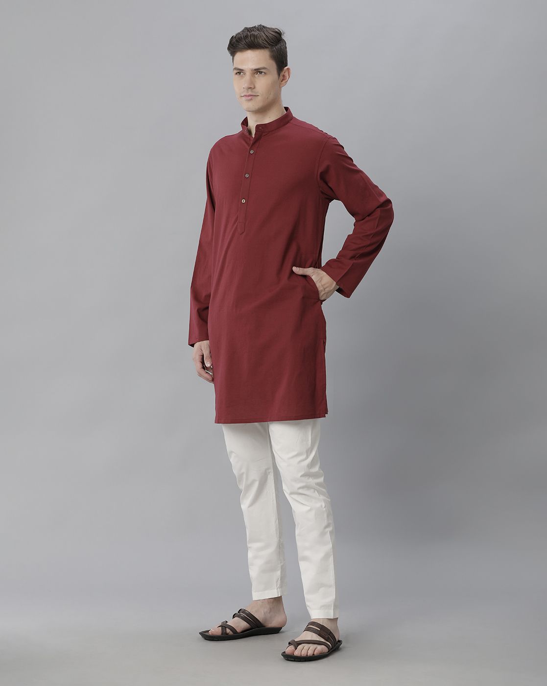 Cavallo By Linen Club Men's Cotton Linen Maroon Solid Regular Fit  Kurta