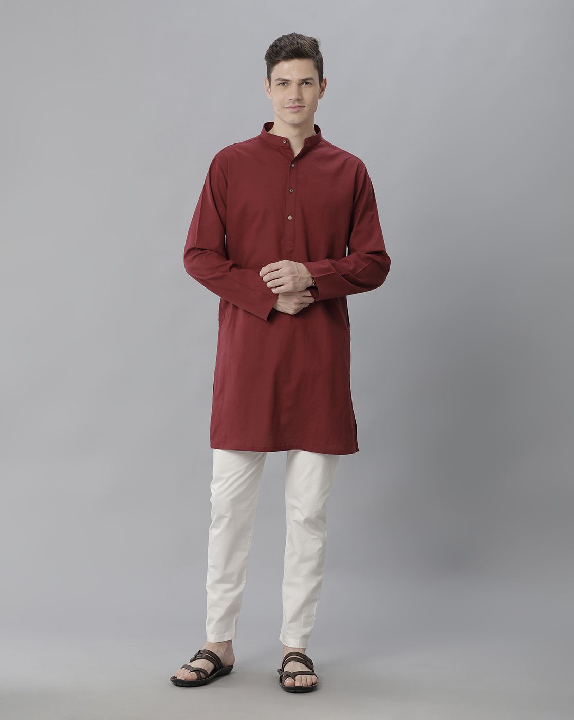 Cavallo By Linen Club Men's Cotton Linen Maroon Solid Regular Fit  Kurta