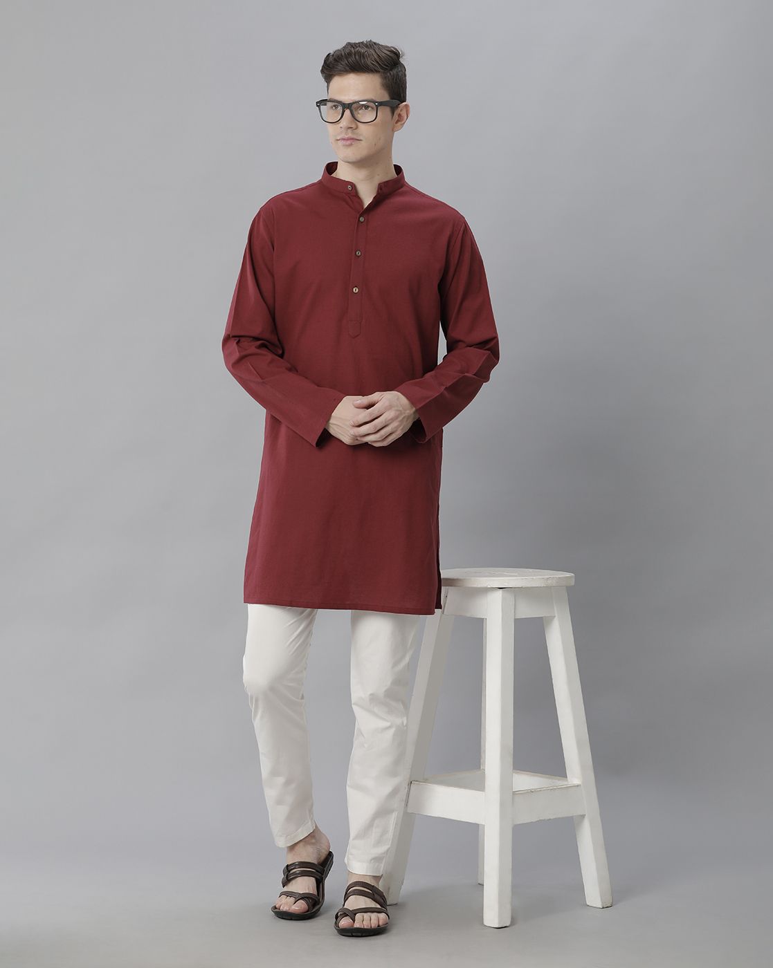 Cavallo By Linen Club Men's Cotton Linen Maroon Solid Regular Fit  Kurta