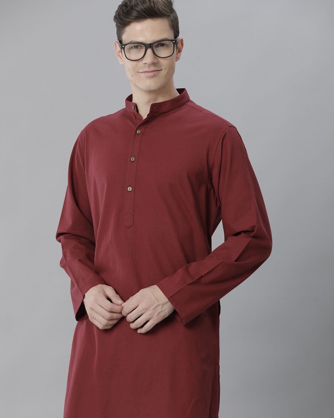 Cavallo By Linen Club Men's Cotton Linen Maroon Solid Regular Fit  Kurta