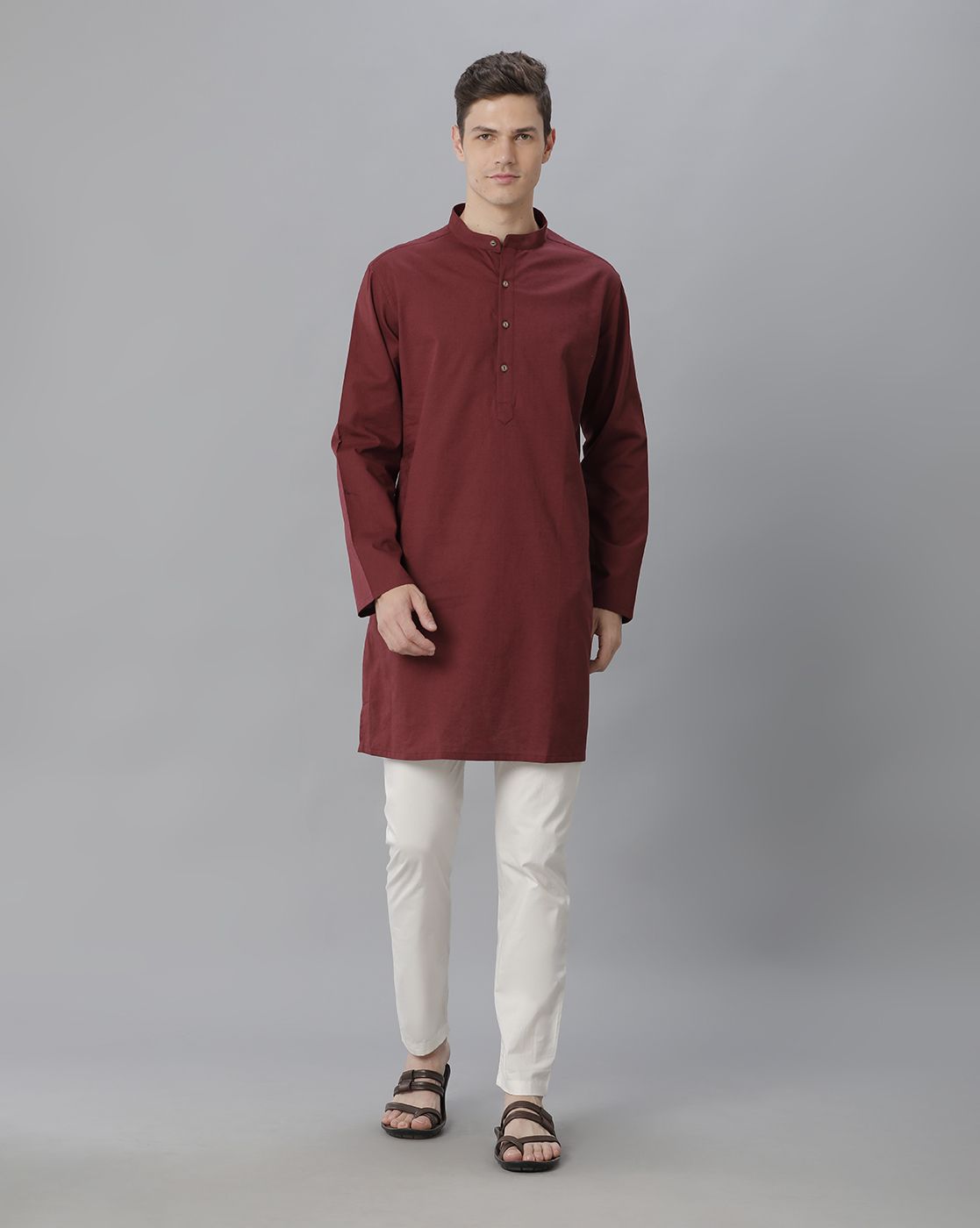 Cavallo By Linen Club Men's Cotton Linen Maroon Solid Regular Fit  Kurta