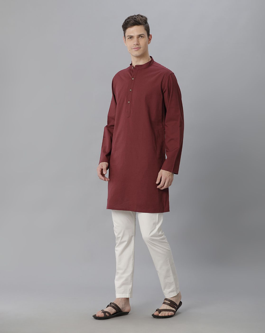 Cavallo By Linen Club Men's Cotton Linen Maroon Solid Regular Fit  Kurta