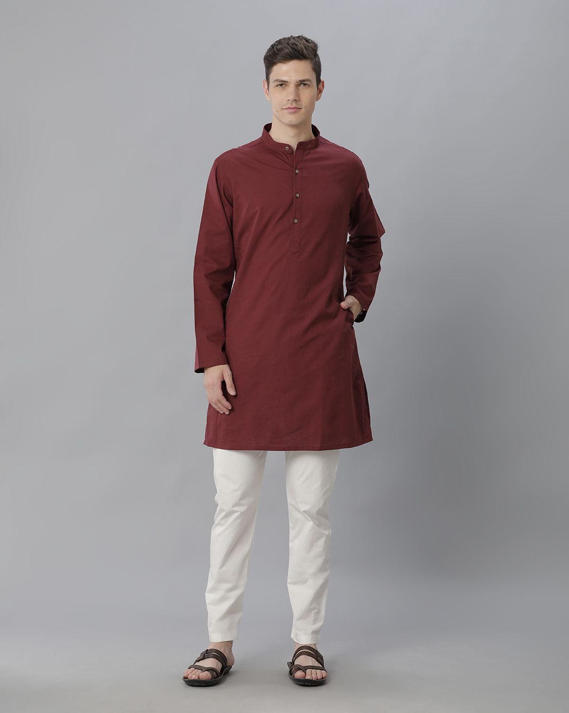 Cavallo By Linen Club Men's Cotton Linen Maroon Solid Regular Fit  Kurta