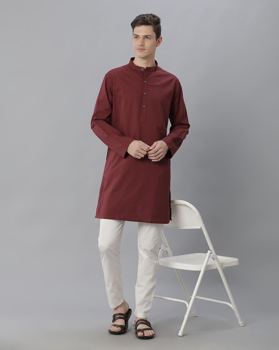 Cavallo By Linen Club Men's Cotton Linen Maroon Solid Regular Fit  Kurta