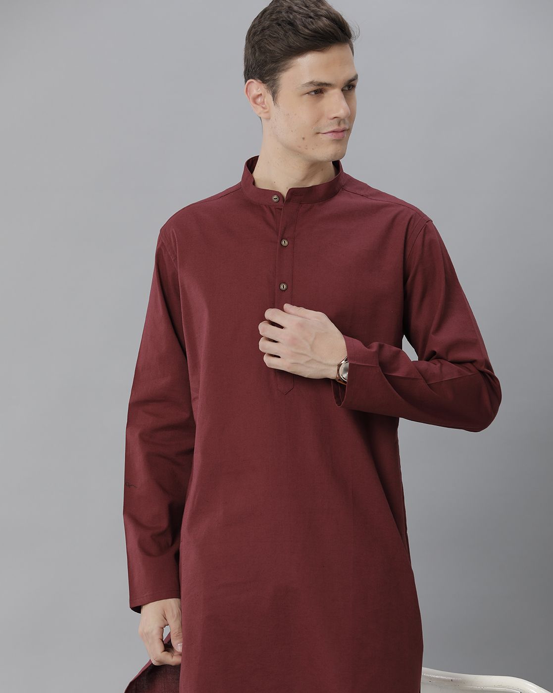 Cavallo By Linen Club Men's Cotton Linen Maroon Solid Regular Fit  Kurta