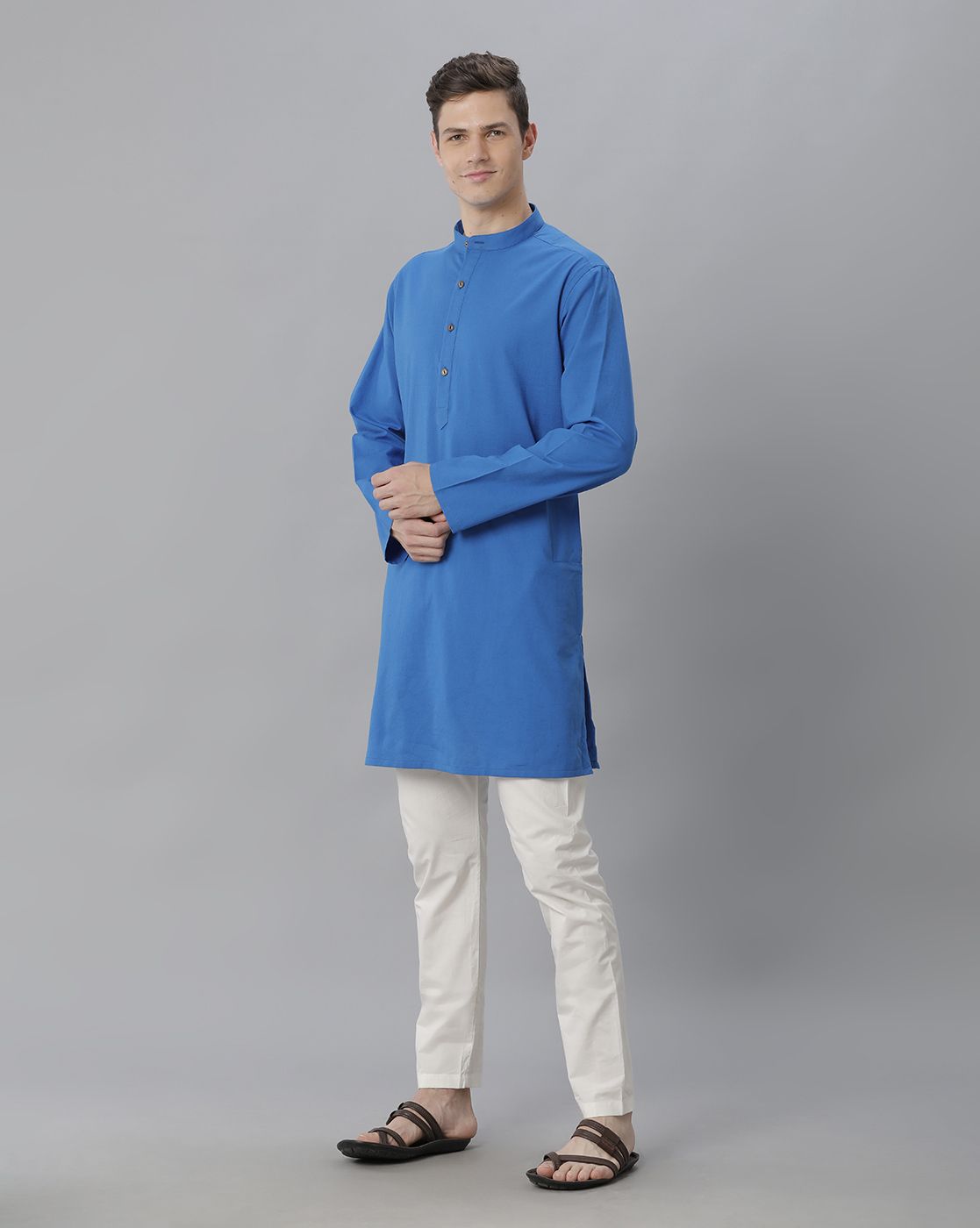 Cavallo By Linen Club Men's Cotton Linen Blue Solid Regular Fit  Kurta