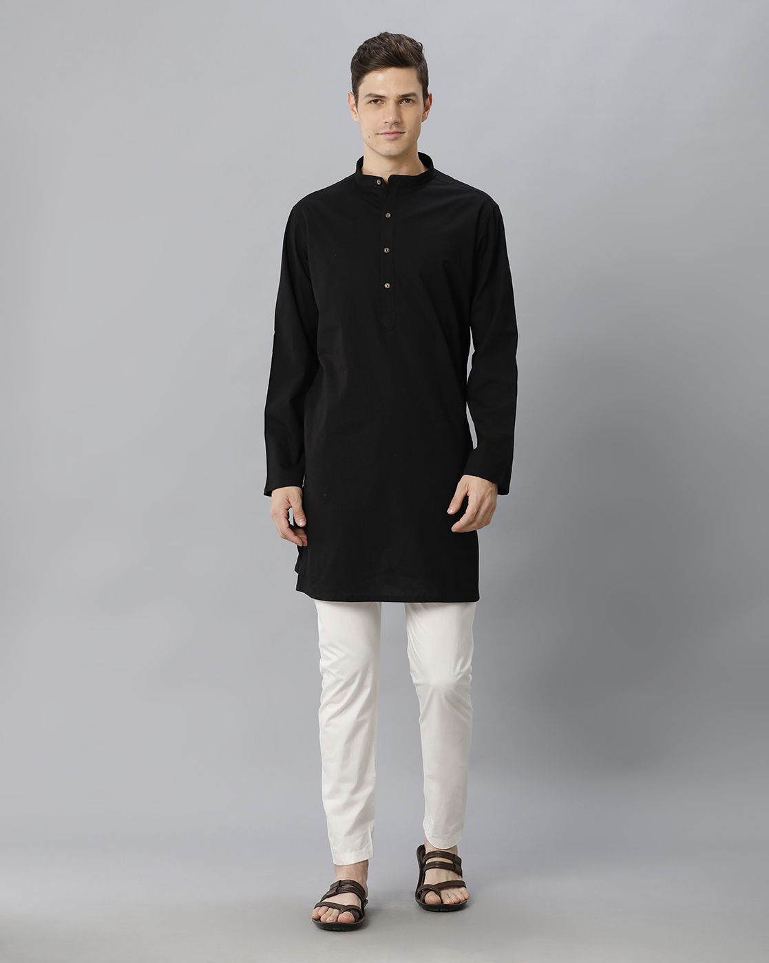 Cavallo By Linen Club Men's Cotton Linen Black Solid Regular Fit  Kurta