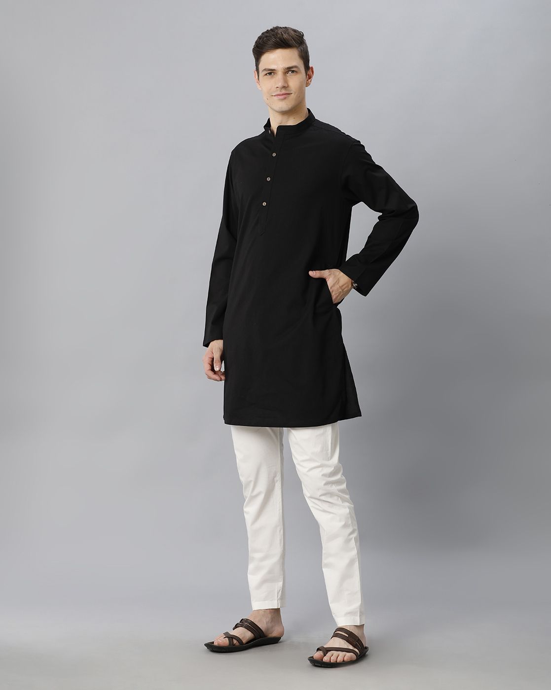 Cavallo By Linen Club Men's Cotton Linen Black Solid Regular Fit  Kurta