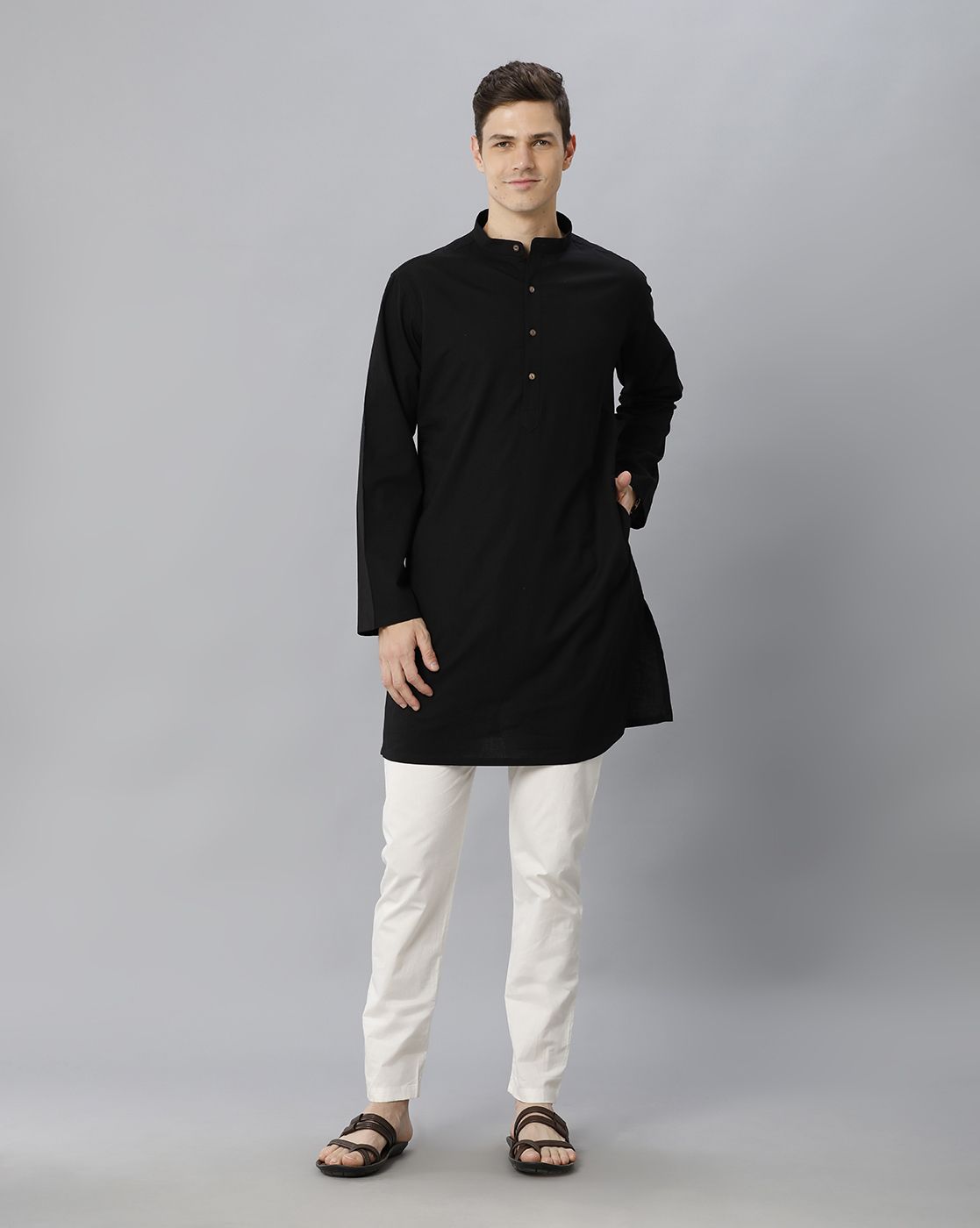 Cavallo By Linen Club Men's Cotton Linen Black Solid Regular Fit  Kurta