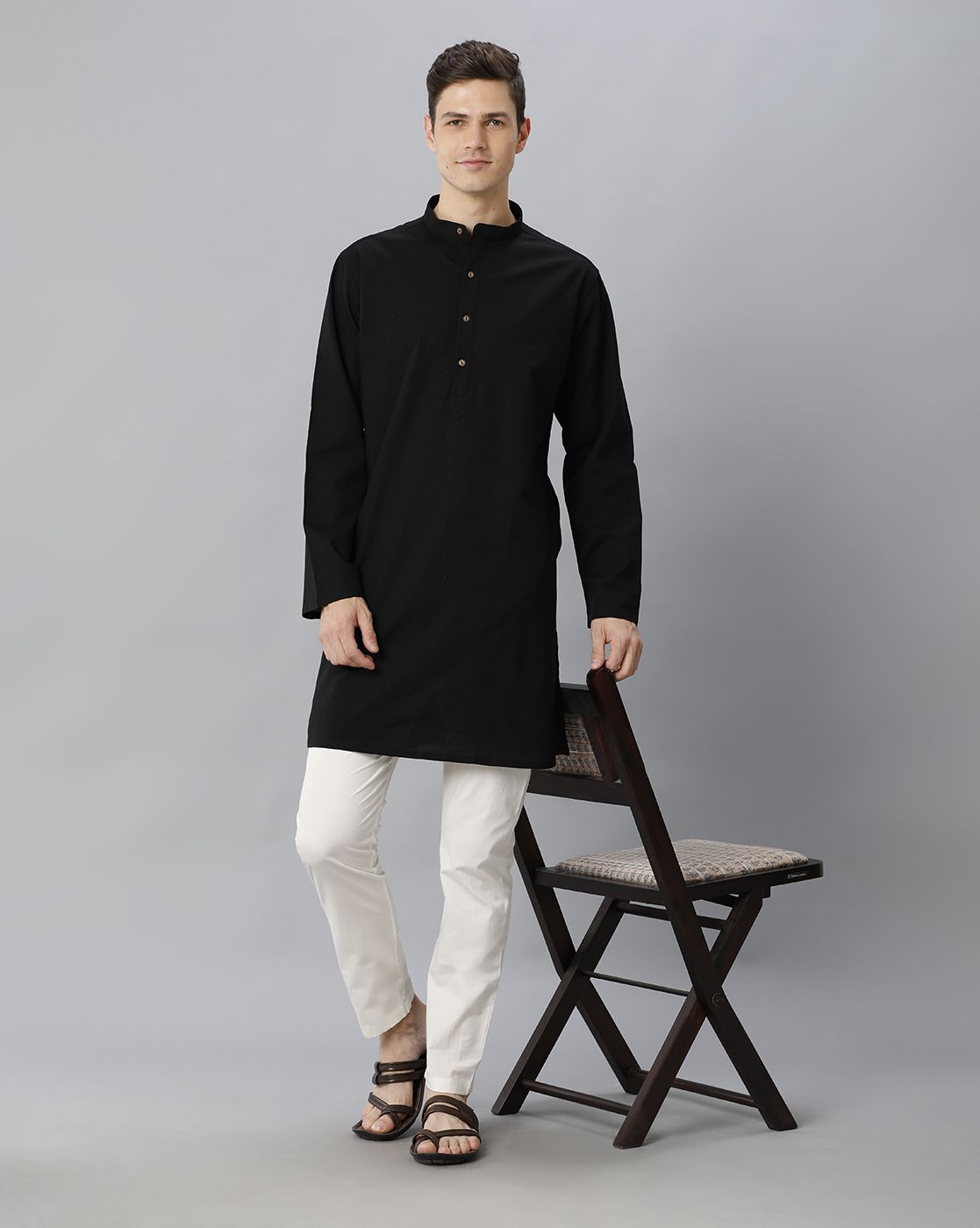 Cavallo By Linen Club Men's Cotton Linen Black Solid Regular Fit  Kurta