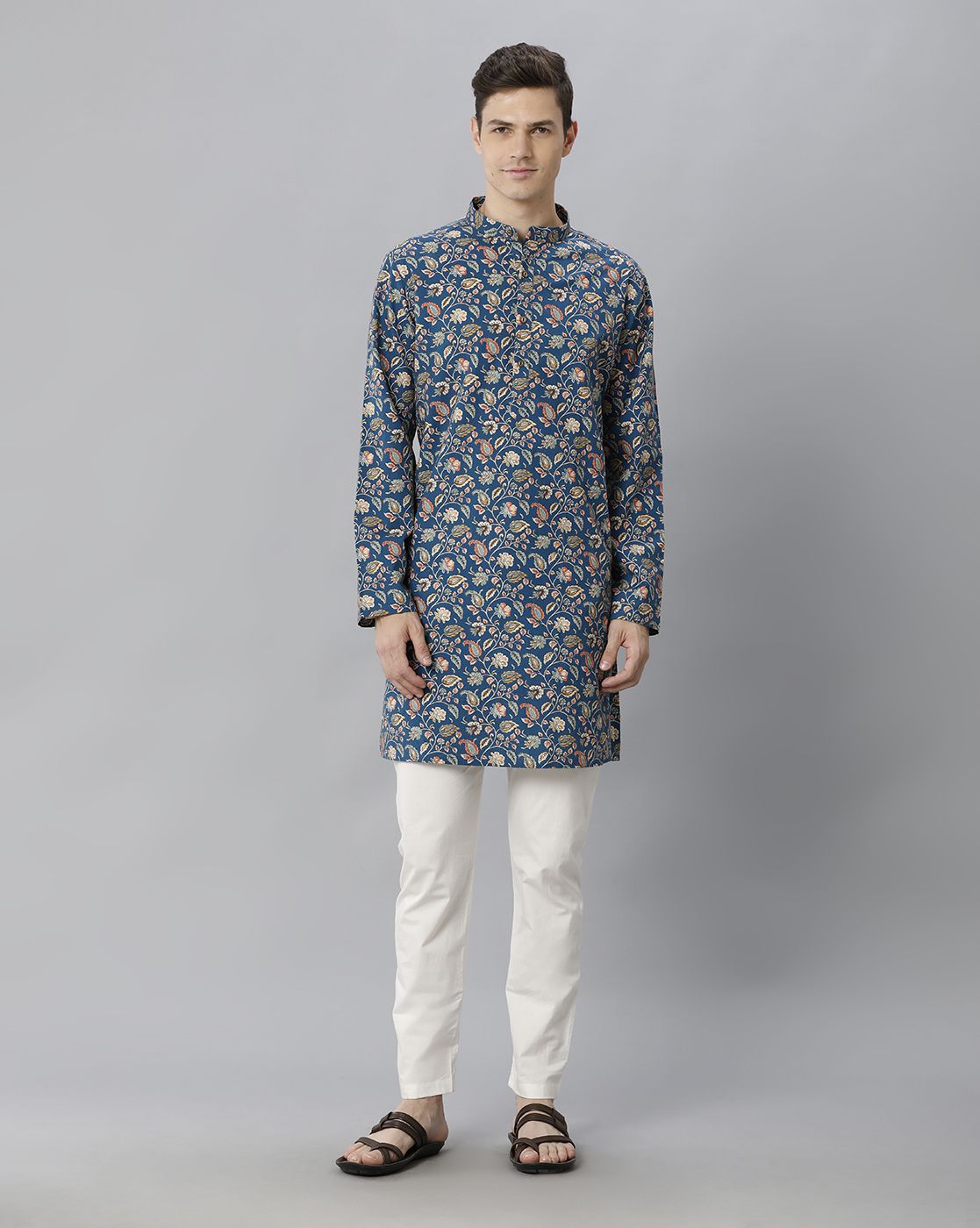 Cavallo By Linen Club Men's Cotton Linen Blue Printed Regular Fit  Kurta