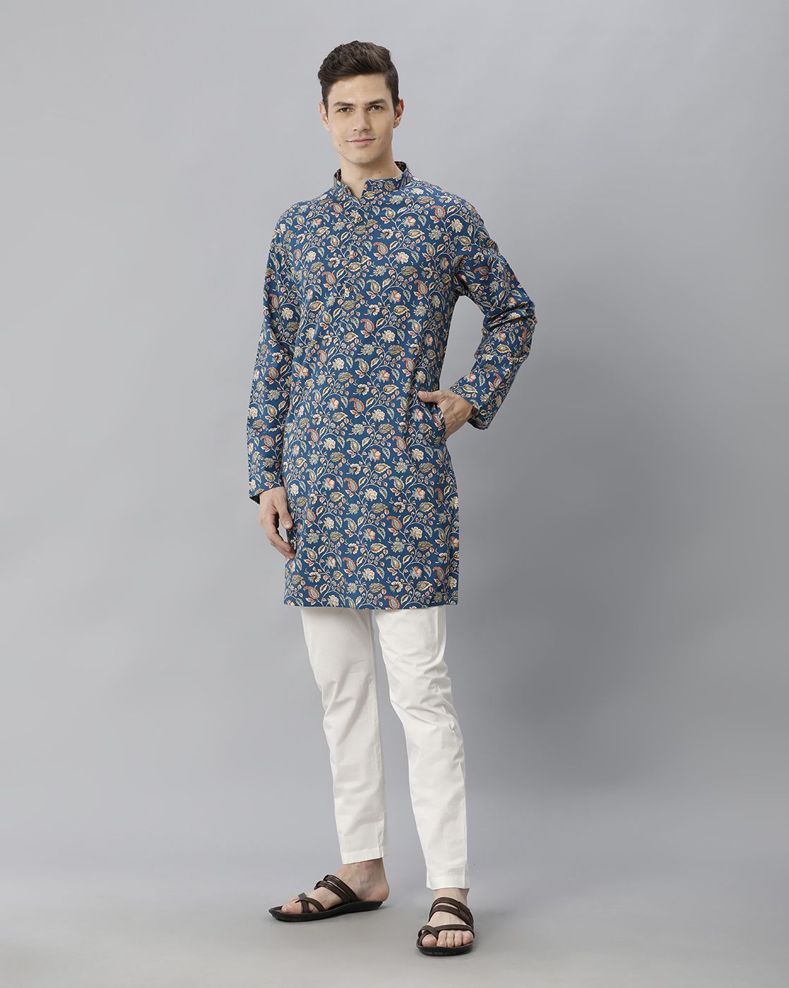 Cavallo By Linen Club Men's Cotton Linen Blue Printed Regular Fit  Kurta