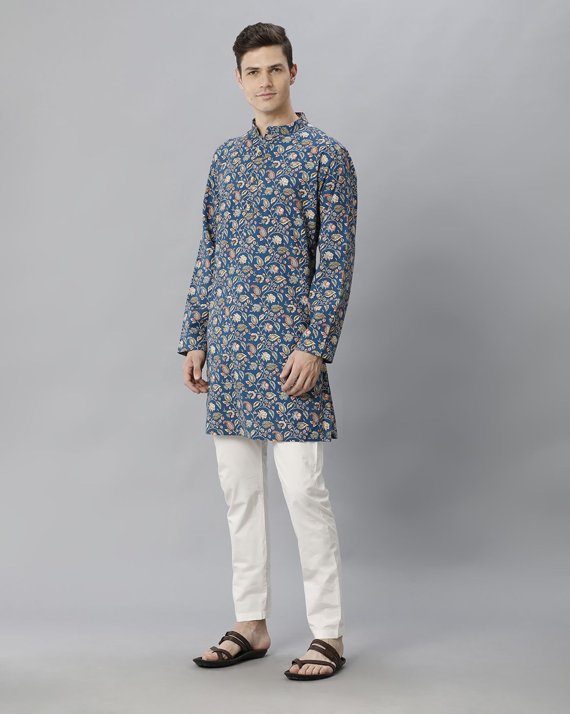 Cavallo By Linen Club Men's Cotton Linen Blue Printed Regular Fit  Kurta