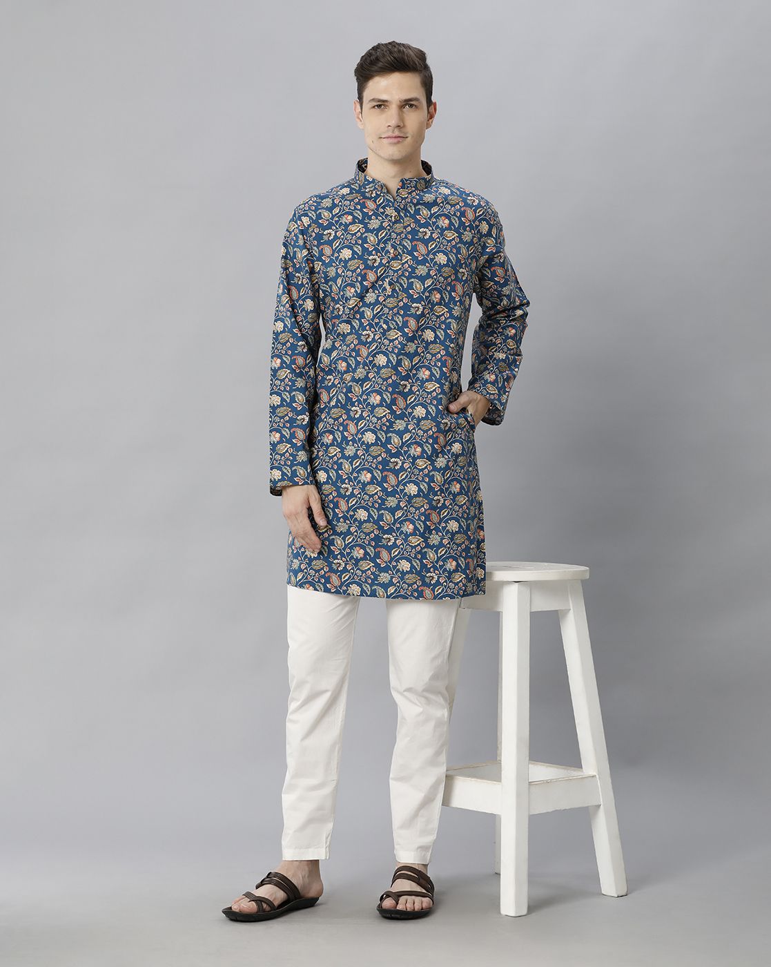 Cavallo By Linen Club Men's Cotton Linen Blue Printed Regular Fit  Kurta