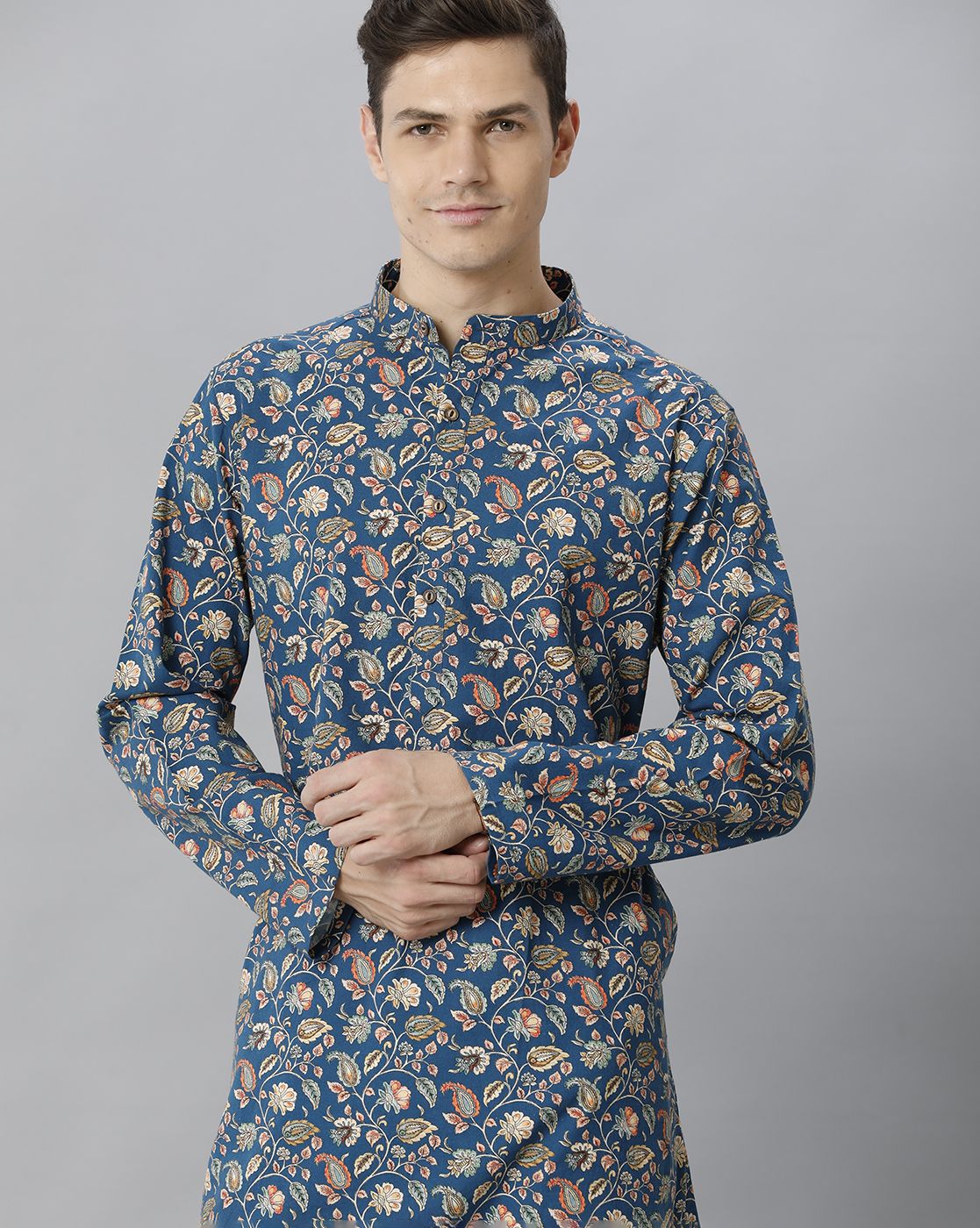 Cavallo By Linen Club Men's Cotton Linen Blue Printed Regular Fit  Kurta