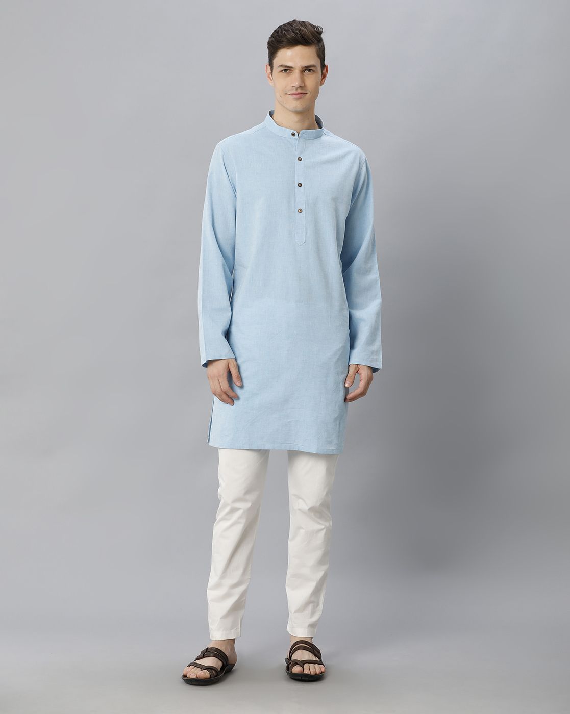 Cavallo By Linen Club Men's Cotton Linen Blue Solid Regular Fit  Kurta