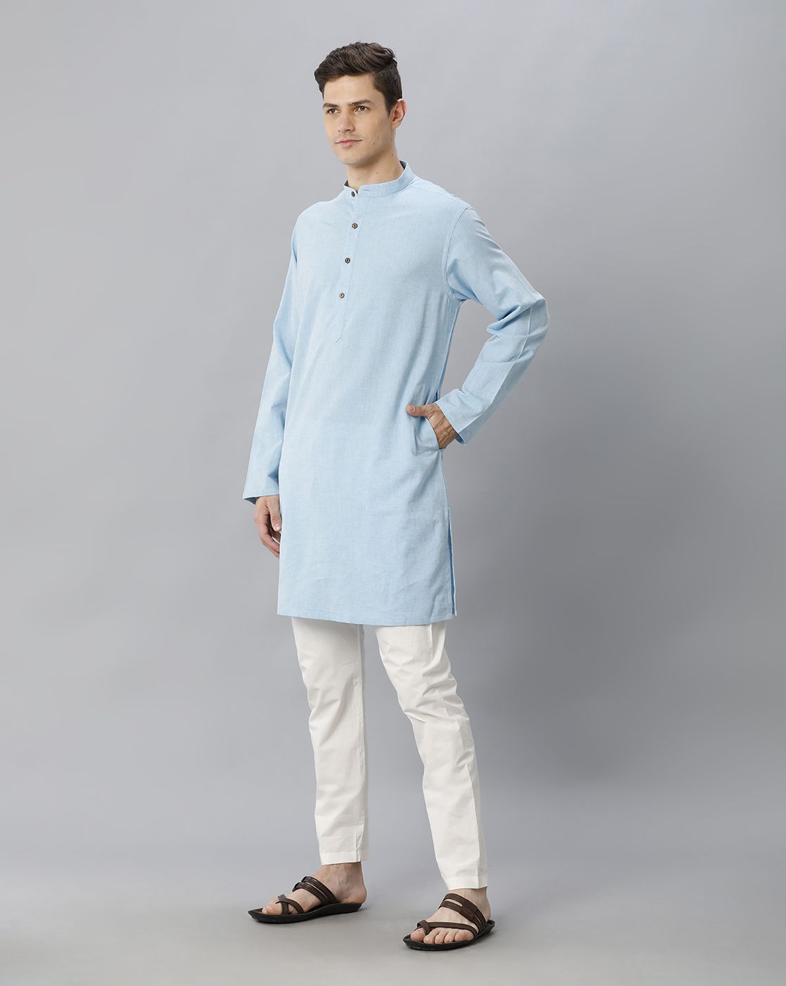 Cavallo By Linen Club Men's Cotton Linen Blue Solid Regular Fit  Kurta