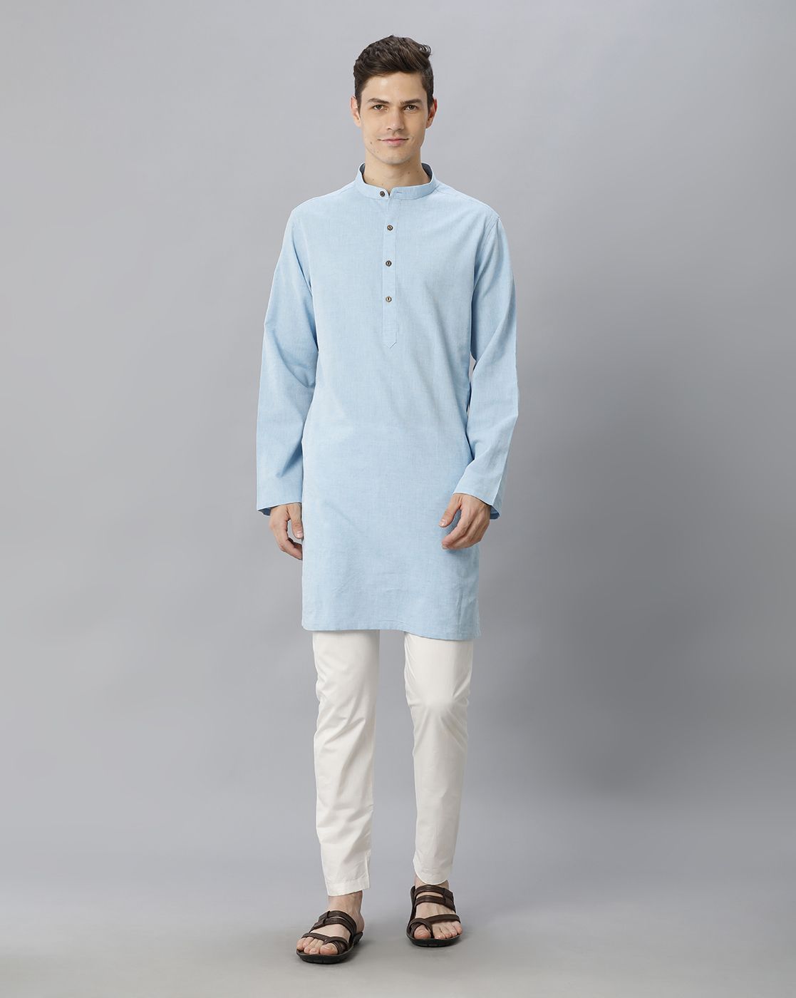 Cavallo By Linen Club Men's Cotton Linen Blue Solid Regular Fit  Kurta