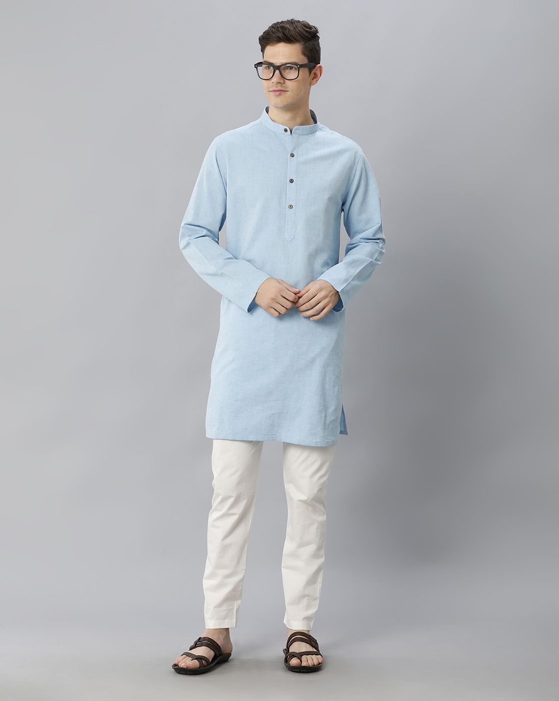 Cavallo By Linen Club Men's Cotton Linen Blue Solid Regular Fit  Kurta