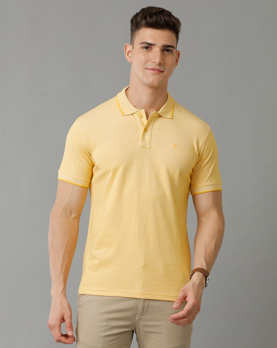 Cavallo By Linen Club Men's Cotton Linen Yellow Solid Polo Collar T-Shirt