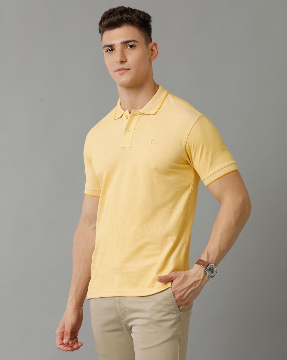 Cavallo By Linen Club Men's Cotton Linen Yellow Solid Polo Collar T-Shirt