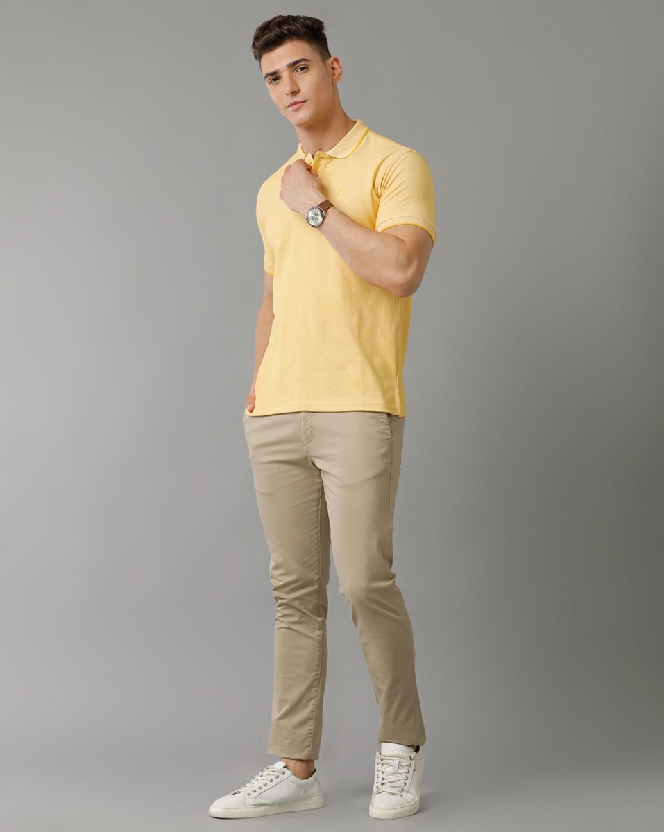 Cavallo By Linen Club Men's Cotton Linen Yellow Solid Polo Collar T-Shirt