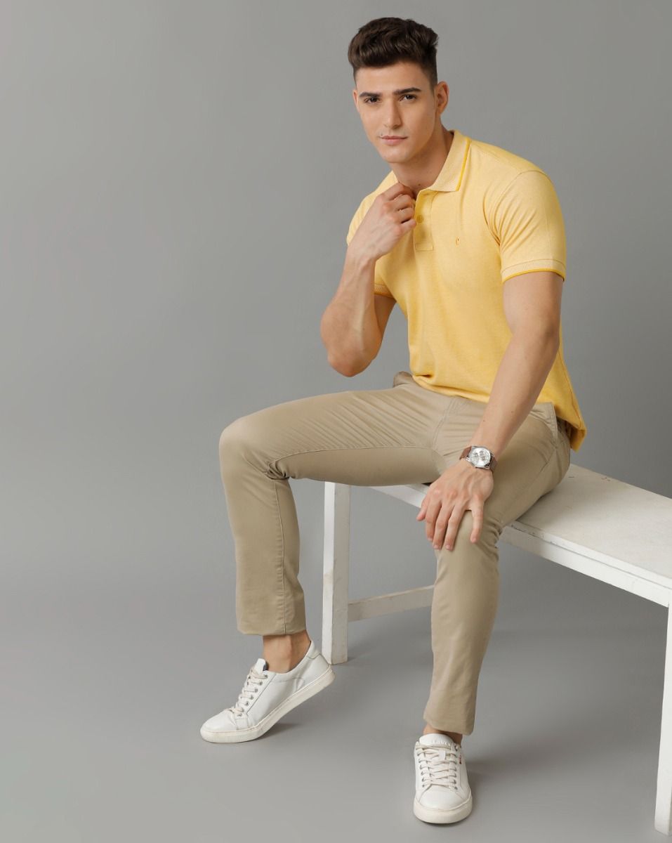 Cavallo By Linen Club Men's Cotton Linen Yellow Solid Polo Collar T-Shirt