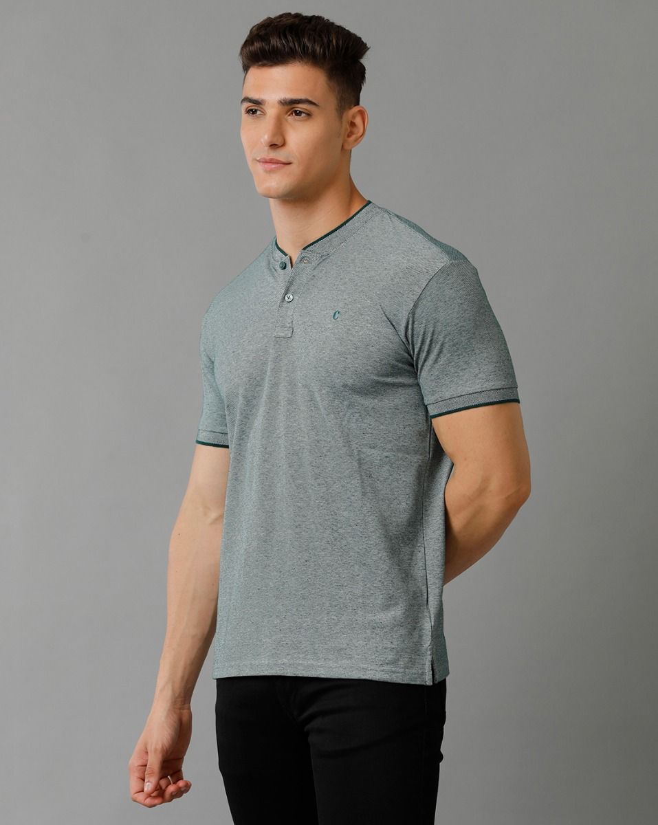 Cavallo By Linen Club Men's Cotton Linen Green Solid Mandarin collar T-Shirt