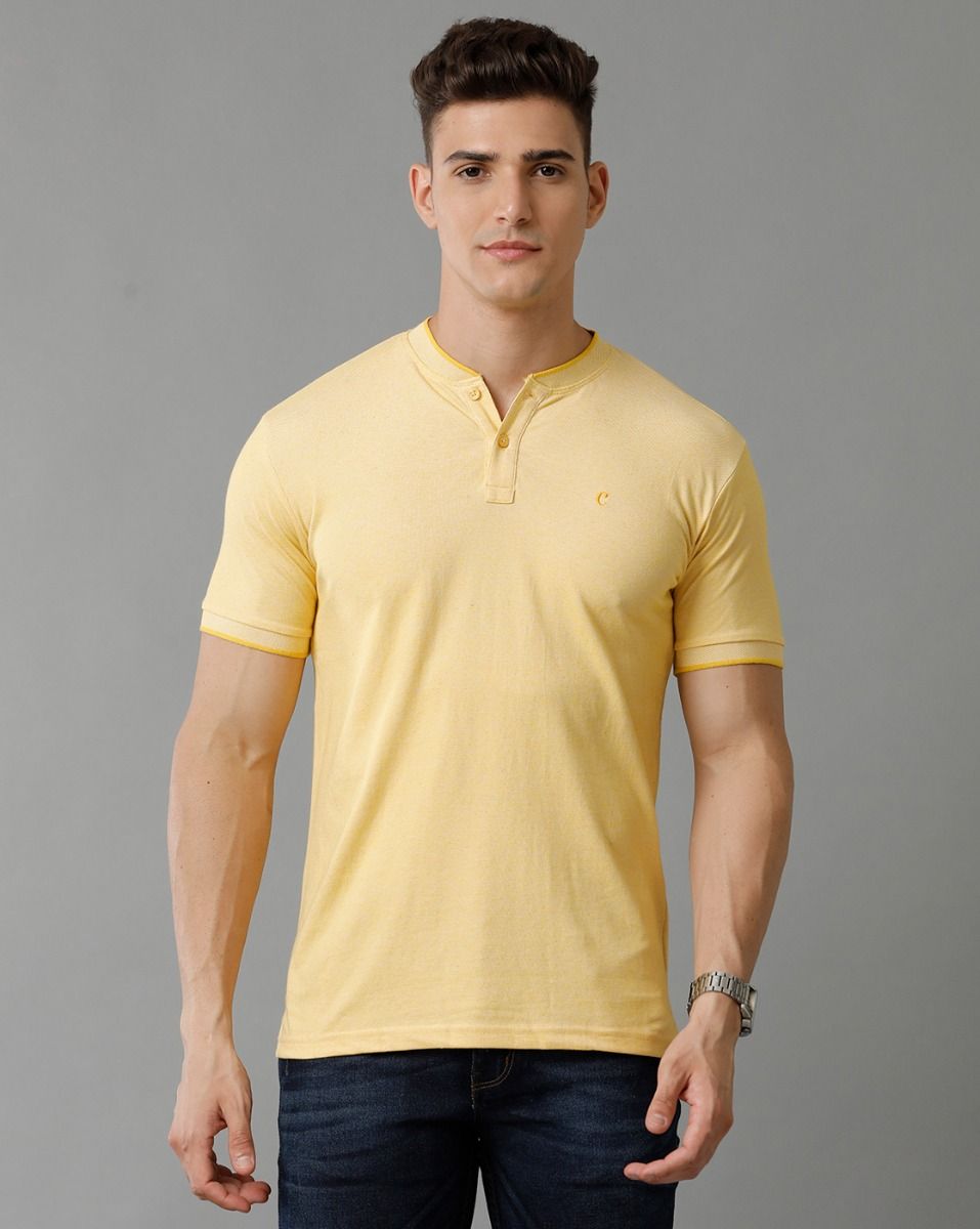 Cavallo By Linen Club Men's Cotton Linen Yellow Solid Mandarin collar T-Shirt