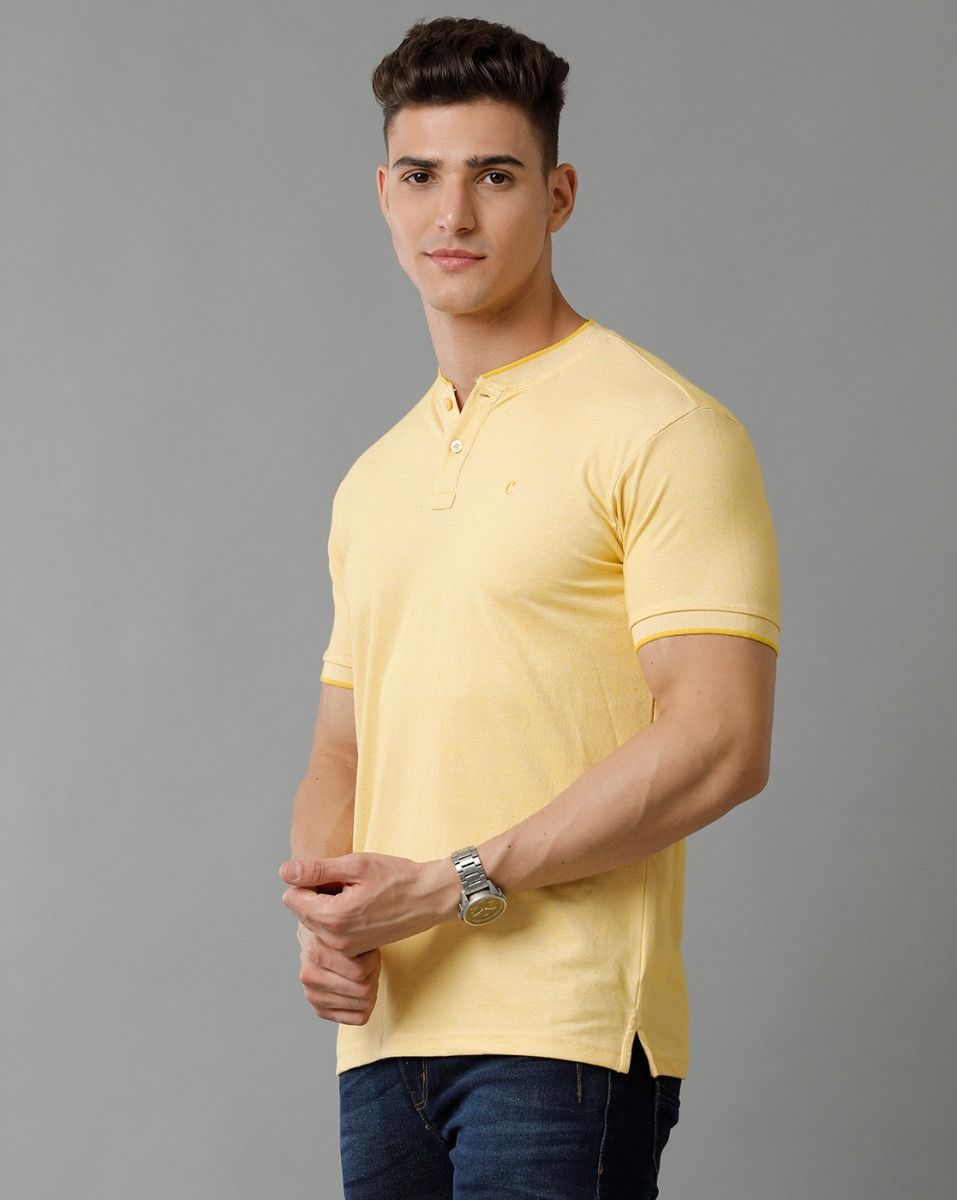 Cavallo By Linen Club Men's Cotton Linen Yellow Solid Mandarin collar T-Shirt