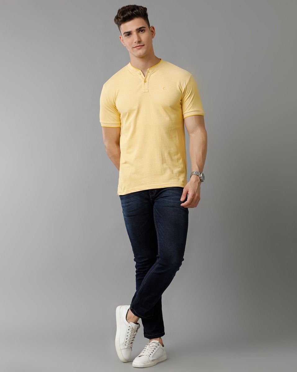 Cavallo By Linen Club Men's Cotton Linen Yellow Solid Mandarin collar T-Shirt