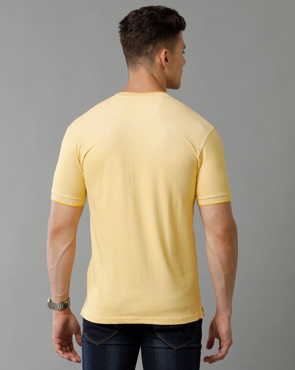 Cavallo By Linen Club Men's Cotton Linen Yellow Solid Mandarin collar T-Shirt