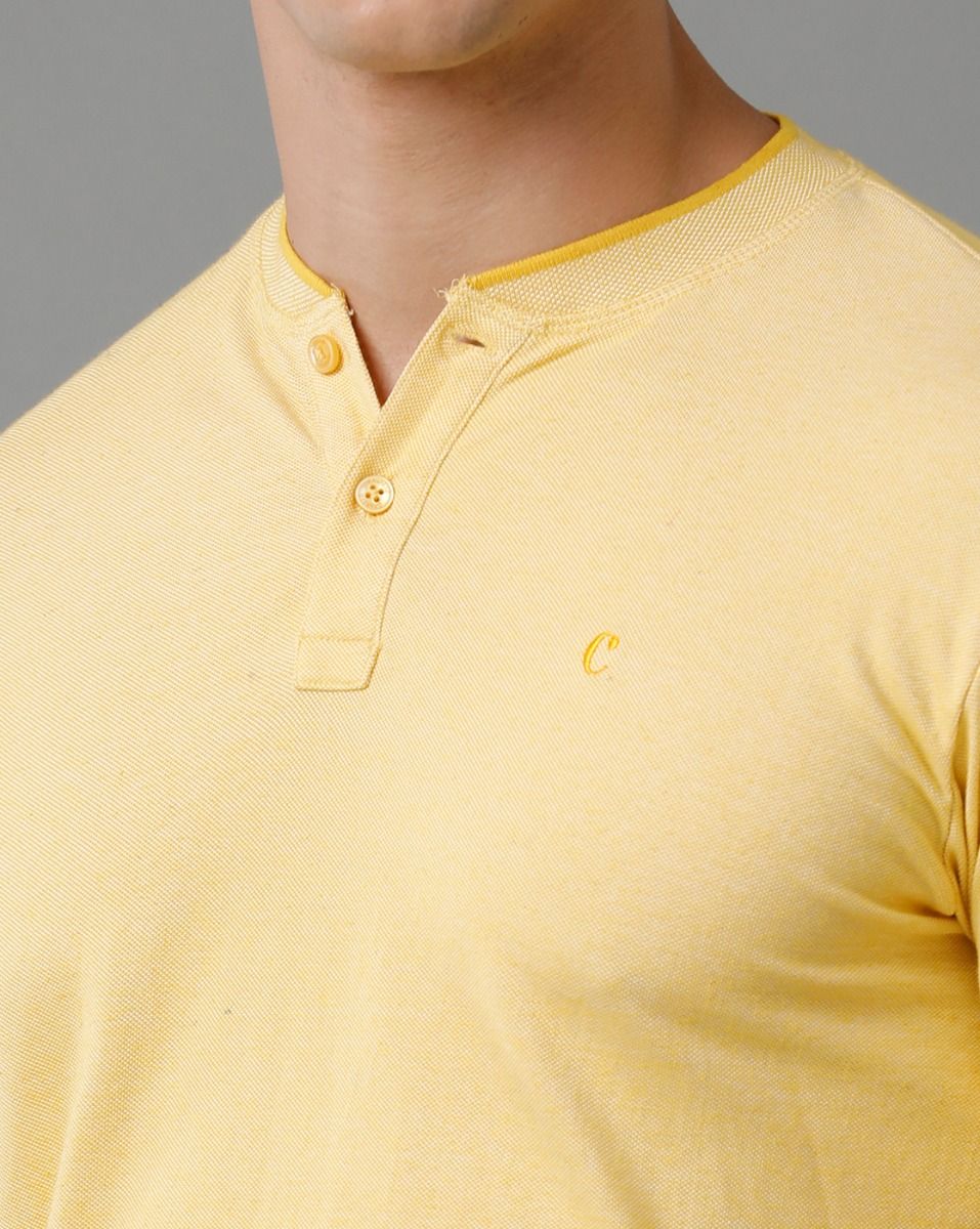 Cavallo By Linen Club Men's Cotton Linen Yellow Solid Mandarin collar T-Shirt