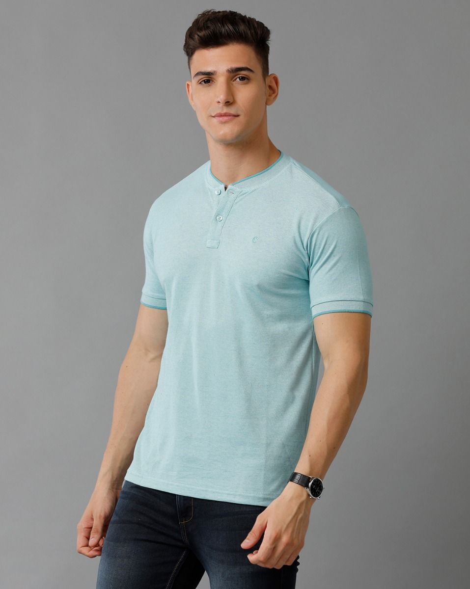 Cavallo By Linen Club Men's Cotton Linen Green Solid Mandarin collar T-Shirt