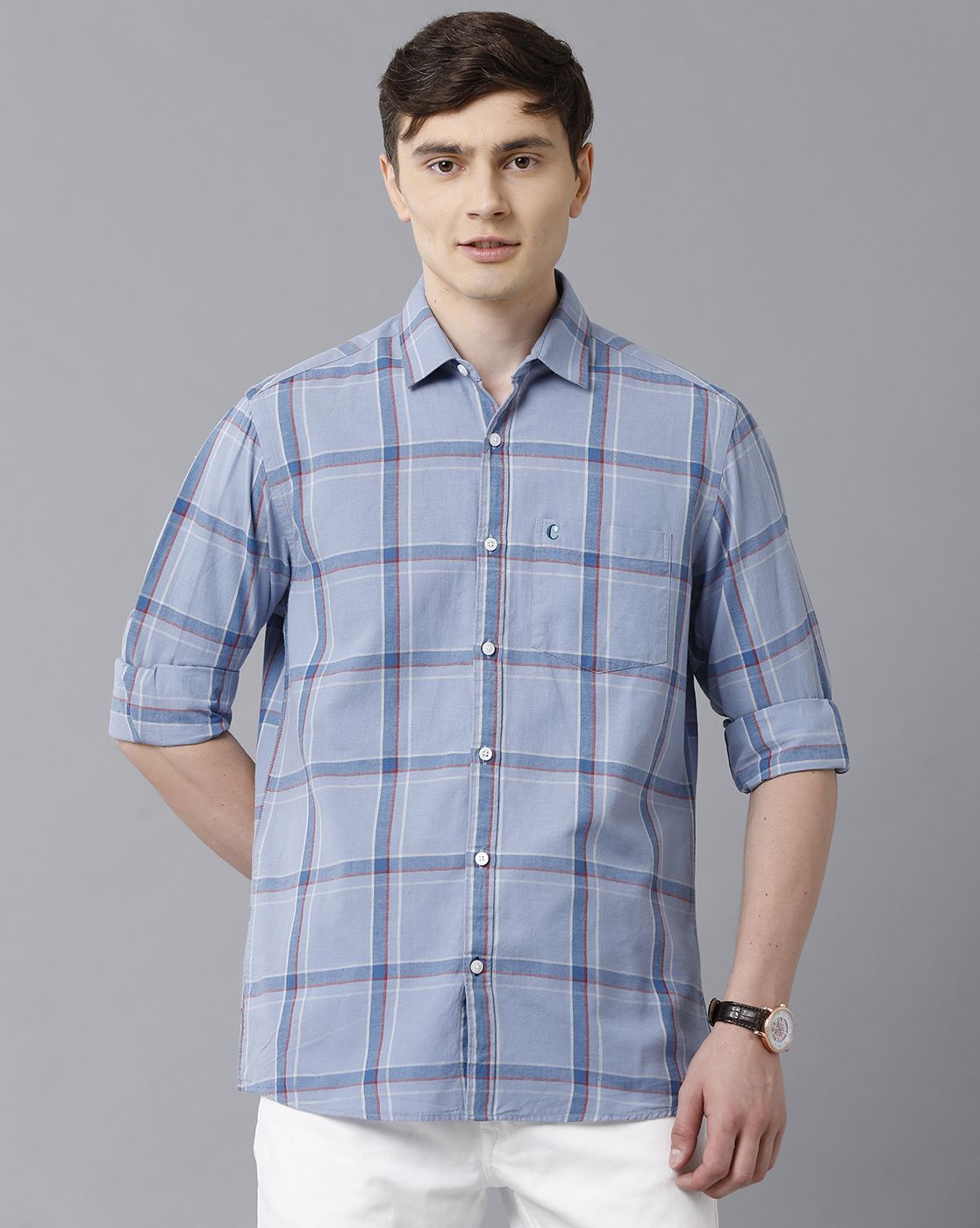 Men's Blended Linen Blue Checked Contemporary Fit Full Sleeve Sleeve Casual Shirt