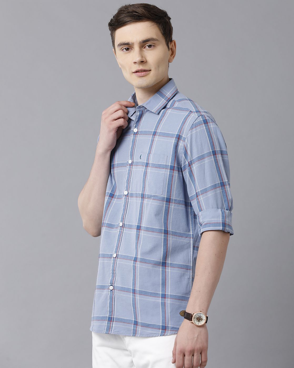 Men's Blended Linen Blue Checked Contemporary Fit Full Sleeve Sleeve Casual Shirt