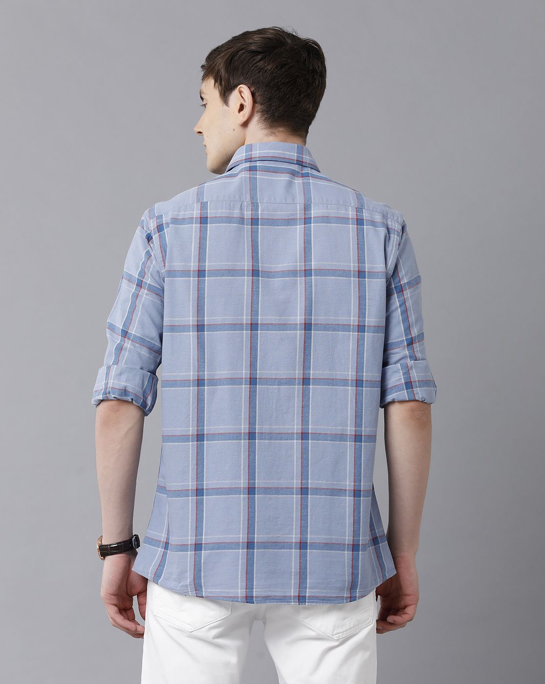 Men's Blended Linen Blue Checked Contemporary Fit Full Sleeve Sleeve Casual Shirt