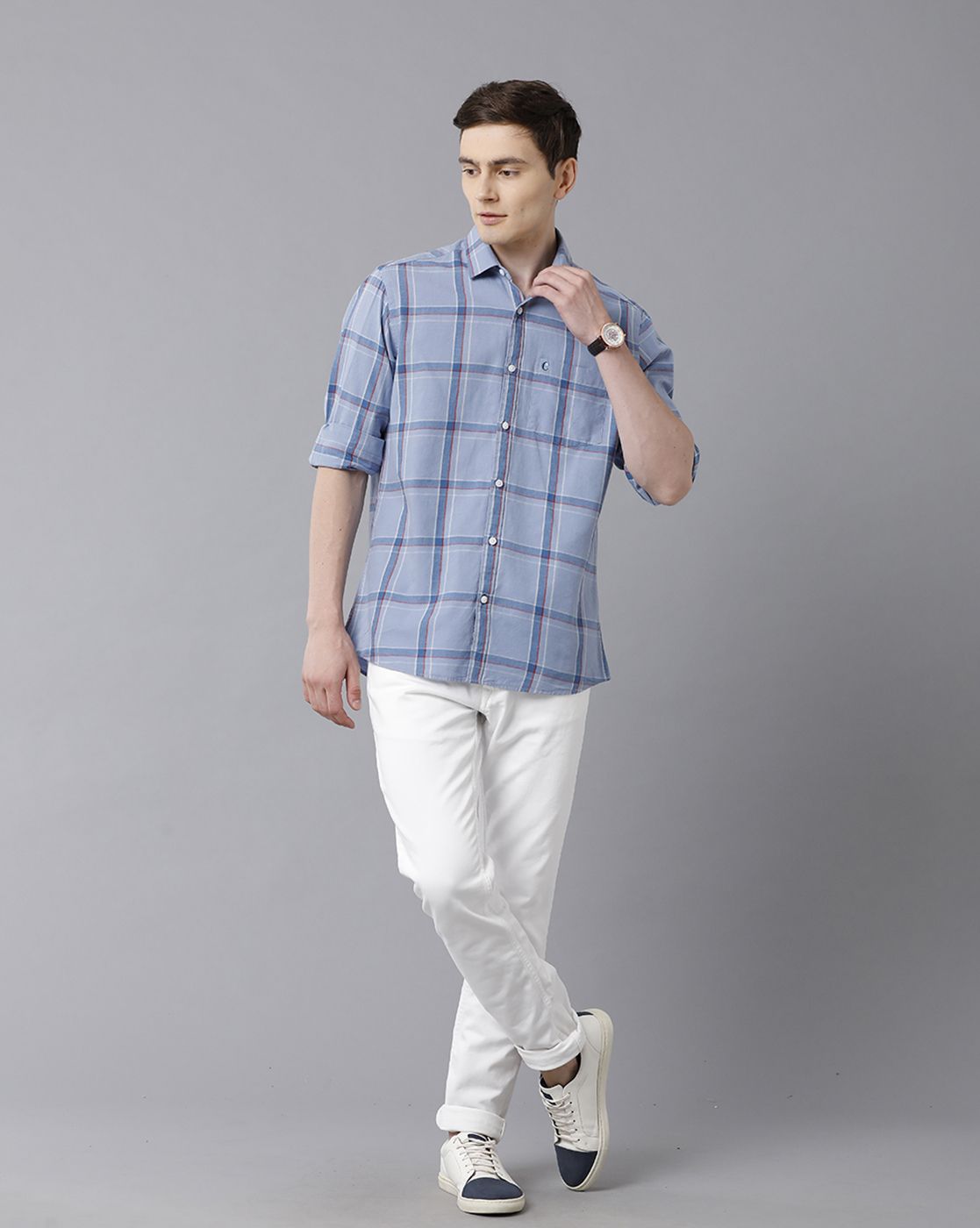 Men's Blended Linen Blue Checked Contemporary Fit Full Sleeve Sleeve Casual Shirt